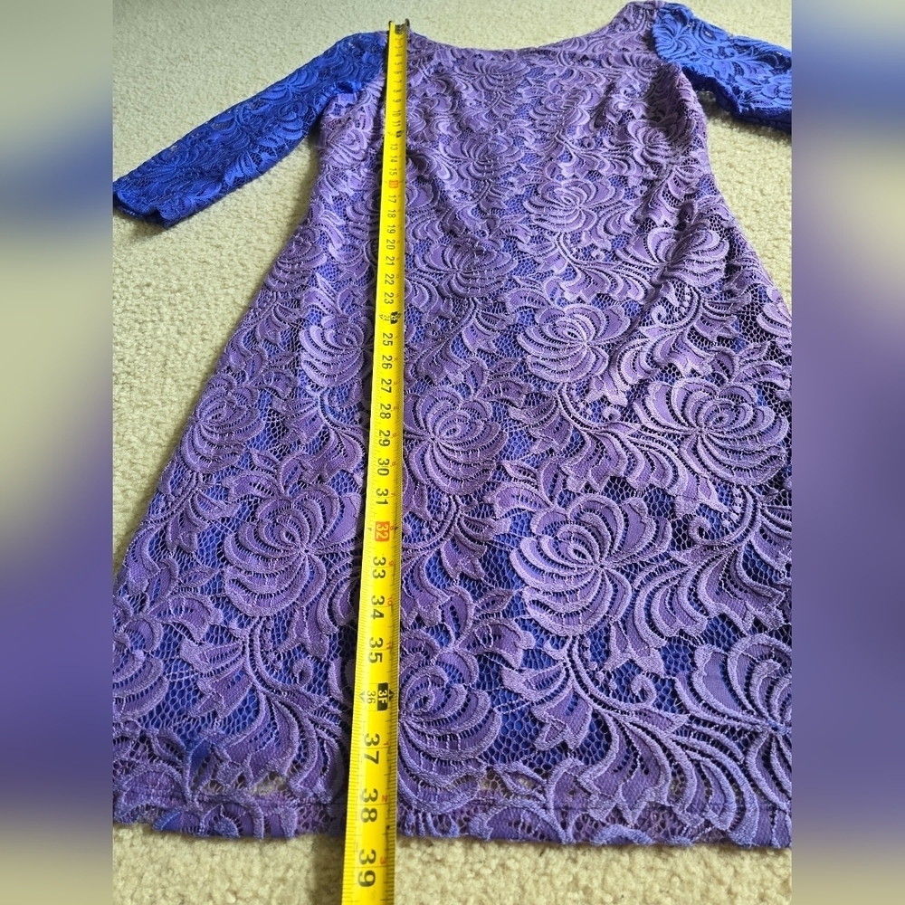 215. Fully Lined Purple Blue Lace Floral Elegant Dress - Picture 5 of 10
